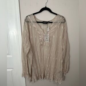 Avenue Cream Embroidered Sheer Tunic NWT,30/32